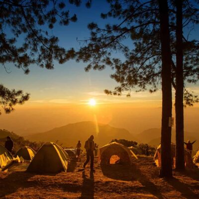 Tent camping at sunrise