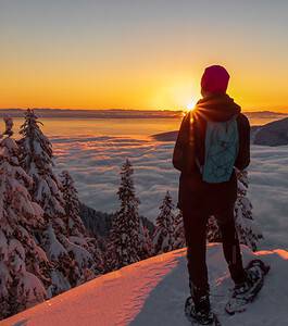 Snowshoeing at sunset