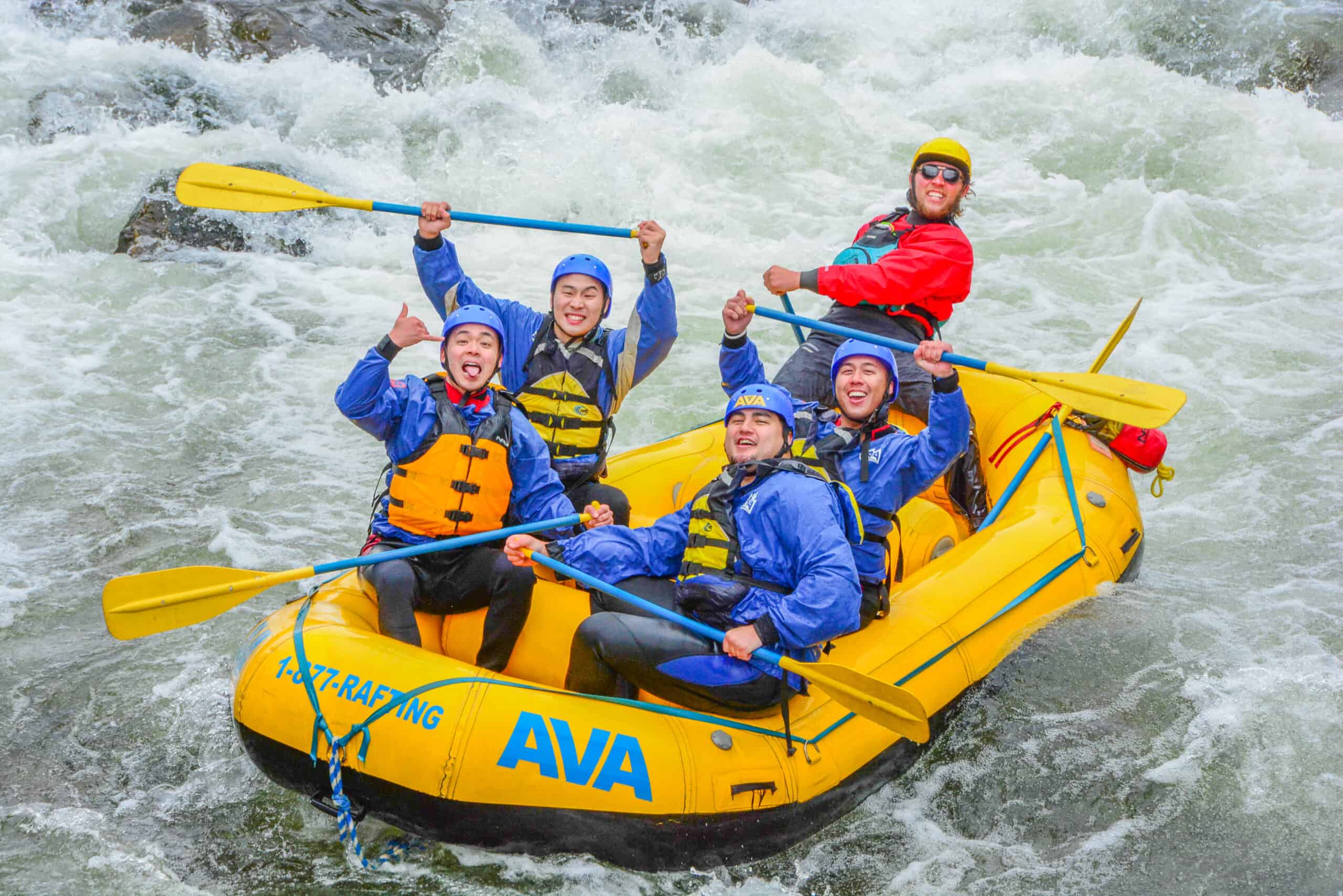 Rafting group having a blast, paddles in the air